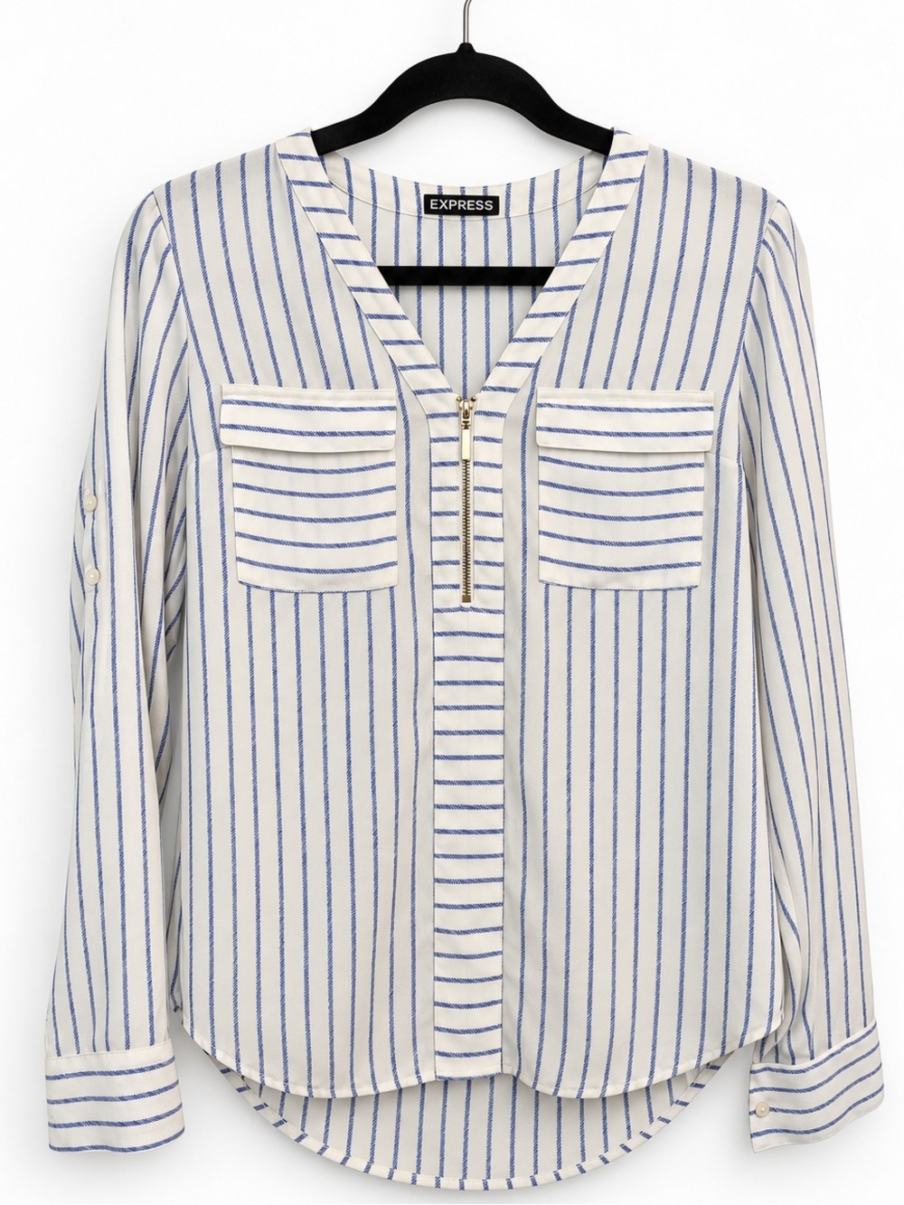 Express Women's Ivory and Blue Striped Zip-Front Blouse Size XS